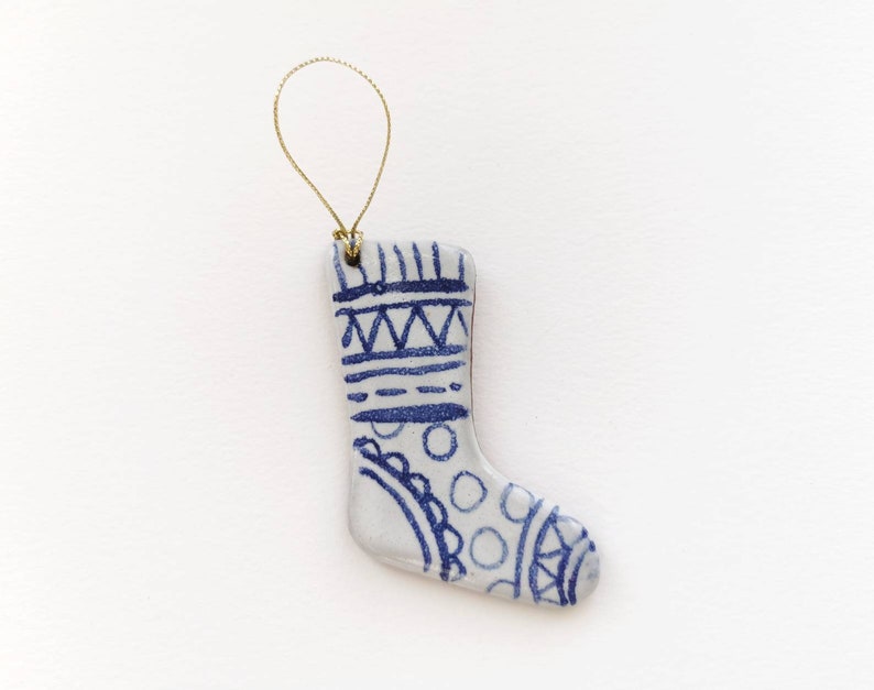 Blue and white christmas decoration handmade ceramic stocking rustic simple pottery tree ornament. image 1