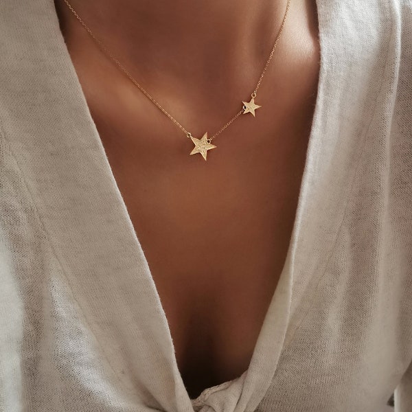 Ster charme ketting, Super Star ketting, twee sterren ketting, sterren ketting, gelaagdheid ketting, cadeau voor haar, alledaagse sieraden