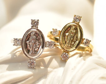 Virgin Mary Ring - CZ Diamond Ring -  Gold Religious Medallion Ring - Mother Mary Statement Ring - Gold Coin Ring