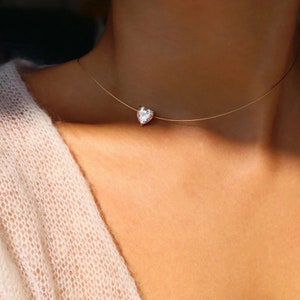 Heart Pendant Necklace / Simulated Diamond Heart Necklaces / Silver Jewelry Diamond Necklace / Gift for Mom / Heart-Shape Necklace