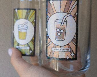 Iced Coffee Tarot Card // 16 Oz. Trendy Glass Coffee Cup With Lid And Straw