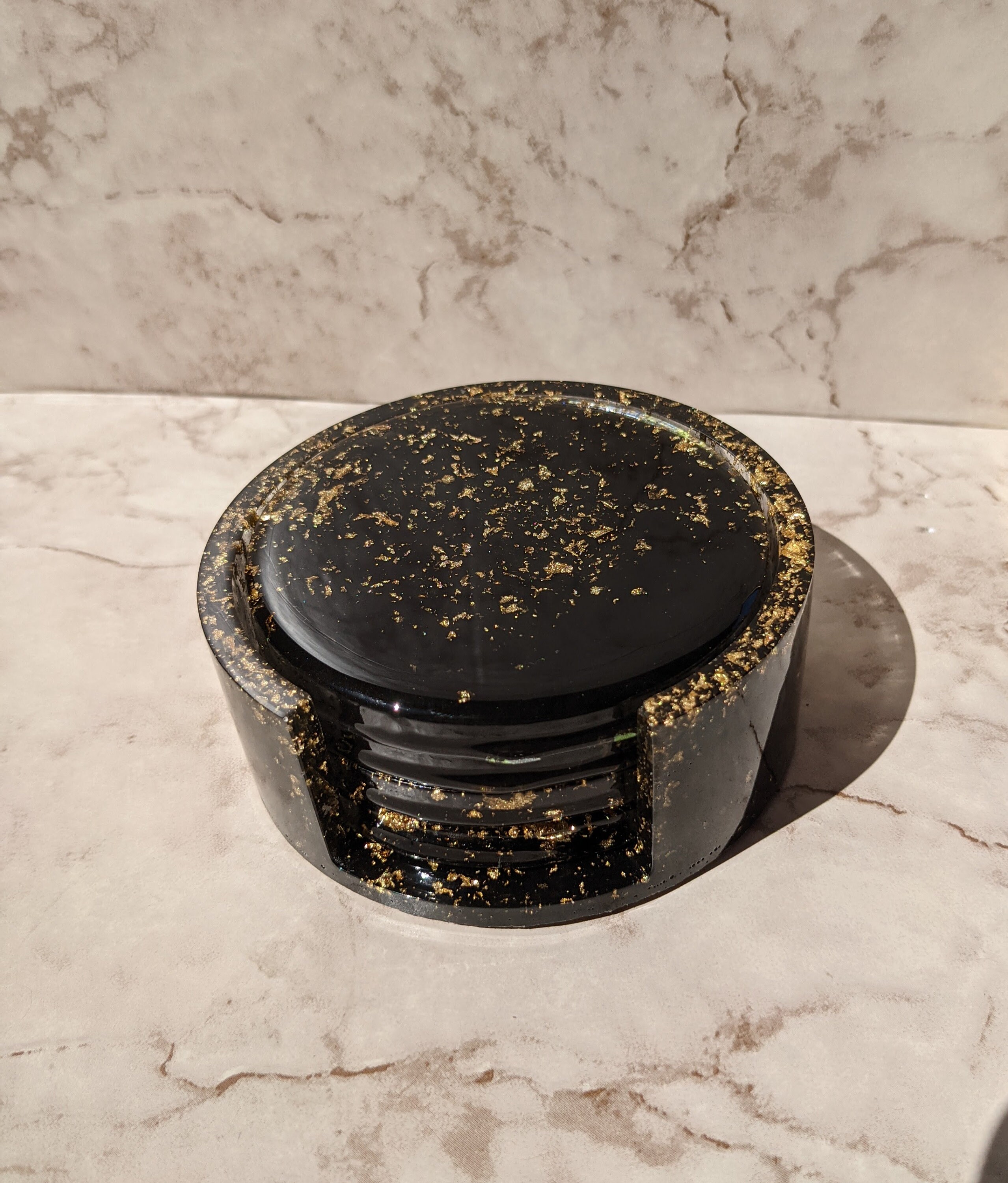 Black and Gold Resin Coaster Set with Storage Holder / Round Etsy
