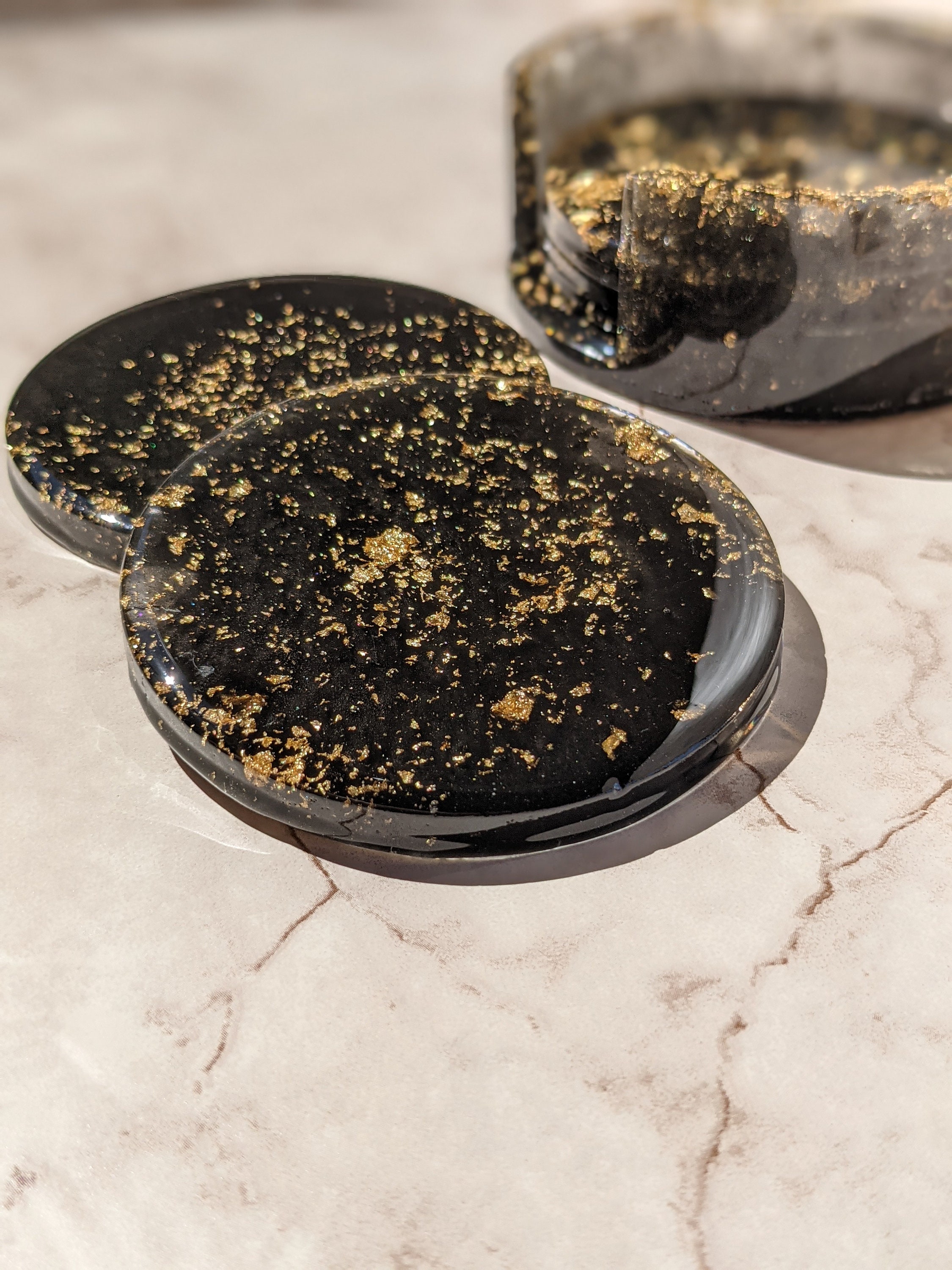 Black and Gold Resin Coaster Set with Storage Holder / Round Etsy