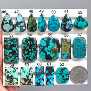 Puede incluir: Una colección de diecisiete cabujones de turquesa pulidos dispuestos en una bandeja blanca, numerados del 46 al 62. Cada piedra presenta patrones únicos de color azul verdoso con matriz negra. Una moneda de quarter estadounidense sirve de escala.