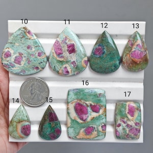 Puede incluir: Una colección de ocho piedras preciosas pulidas de rubí en fuchsite dispuestas en un expositor blanco, numeradas del 10 al 17. Se incluye una moneda estadounidense para comparar el tamaño junto a las piedras de patrones verdes y rosas.
