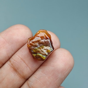 May include: A small, polished fire agate gemstone with a translucent, irregular shape. The stone features a deep reddish-brown base color with iridescent, shimmering flashes of green and gold visible within its textured, layered surface.