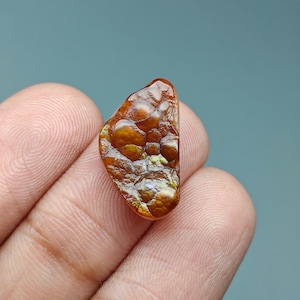 May include: A polished fire agate gemstone with a smooth, rounded, irregular shape. The stone features a deep reddish-brown base color with iridescent, glowing orange and gold botryoidal patterns that shimmer across its translucent surface.