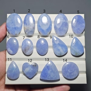 May include: A collection of fourteen polished light blue chalcedony cabochons arranged on a white display tray. The stones vary in shape, including oval, teardrop, heart, triangular, and circular forms, each numbered from one to fourteen.