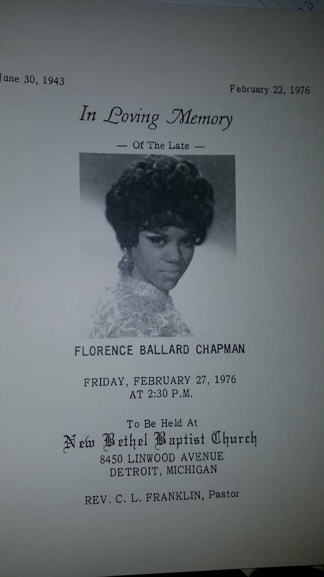 Florence Ballard Obituary Funeral Program - Etsy