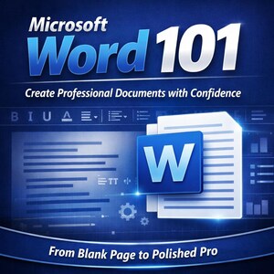 Może przedstawiać: Cyfrowa grafika dla Microsoft Word 101 z tekstem Create Professional Documents with Confidence oraz From Blank Page to Polished Pro. Projekt zawiera niebieską ikonę dokumentu z białą literą W oraz tło interfejsu oprogramowania.
