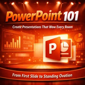 Puede incluir: Un gráfico digital que presenta el texto PowerPoint 101, Create Presentations That Wow Every Room, y From First Slide to Standing Ovation. El diseño utiliza una paleta de colores naranja y rojo vibrante con un icono de PowerPoint central.