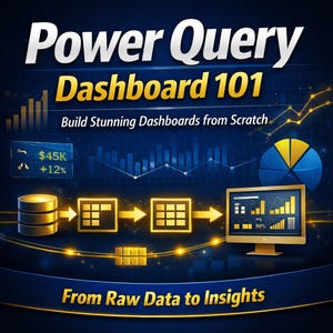 May include: A digital graphic titled Power Query Dashboard 101 Build Stunning Dashboards from Scratch and From Raw Data to Insights. It features a database icon, data tables, a computer monitor displaying charts, and a pie chart on a blue background.