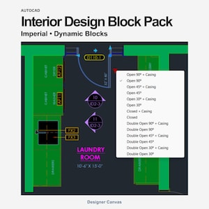 May include: An AutoCAD Interior Design Block Pack featuring imperial dynamic blocks for a laundry room layout. The digital graphic displays a floor plan with green cabinets, a washer, a dryer, and a door symbol with a menu showing various open angles.