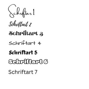 May include: A list of different font styles, labeled "Schriftart 1" through "Schriftart 7".