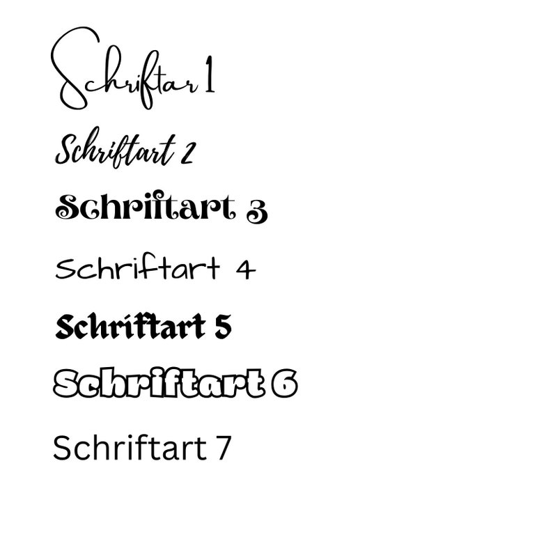 May include: A list of different font styles, labeled "Schriftart 1" through "Schriftart 7".