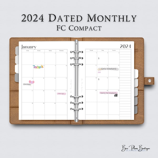 FC Compact 2024 Dated Monthly Planner | Printable Month-on-Two-Pages Planner Insert | Printable Planner Inserts | FC Compact Inserts
