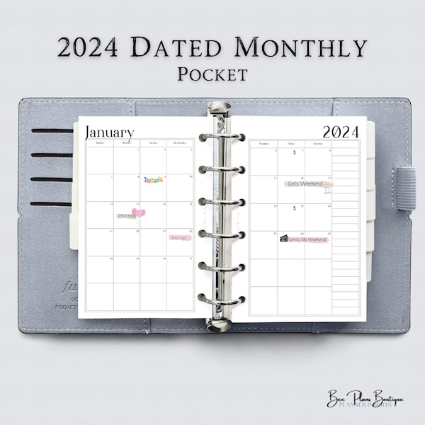 Pocket 2024 Dated Monthly Planner | Printable Month-on-Two-Pages | Pocket Planner Insert