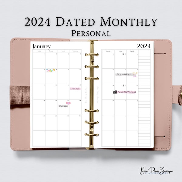 Personal 2024 Dated Monthly Planner | Printable Month-on-Two-Pages | Personal Printable Planner Inserts | Simple Planner | Minimal Planner