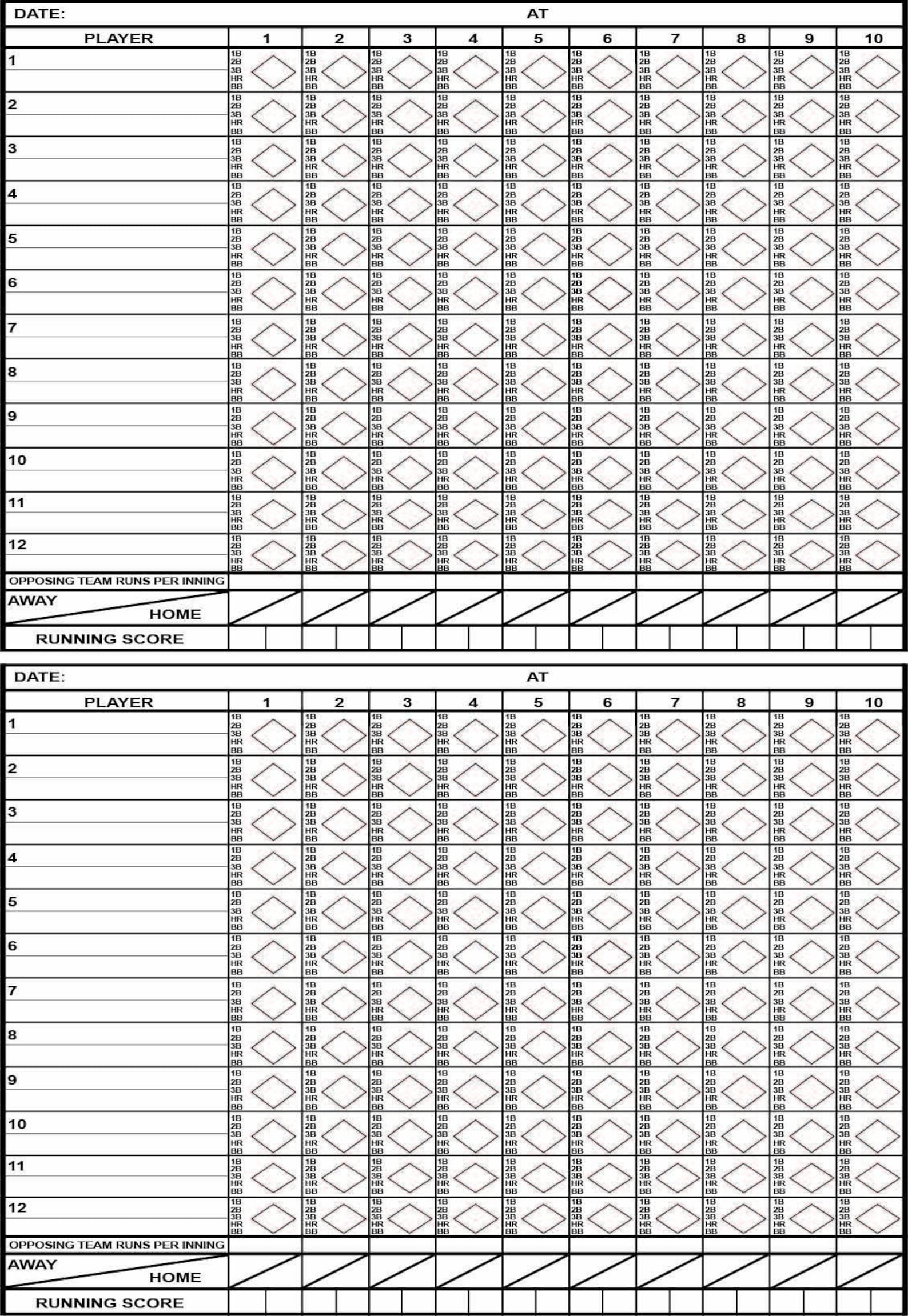Half Sheet Baseball/Softball Scorecard Etsy Canada