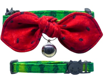Watermelon Cat Collar With Bow, Adjustable, Breakaway, Adult & Kitten Sizes