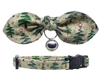 Collar para gato con lazo, ajustable y desmontable, con diseño de árbol de Navidad, para adultos y gatitos.