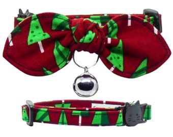 Christmas Tree, Cat Collar With Bow, Adjustable, Breakaway, Adult & Kitten Sizes