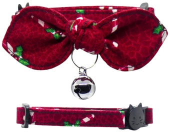 Candy Cane, Cat Collar With Bow, Adjustable, Breakaway, Adult & Kitten Sizes