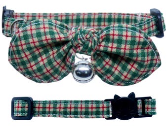 Green Red Plaid Cat Collar, Adjustable, Breakaway, Adult & Kitten Sizes