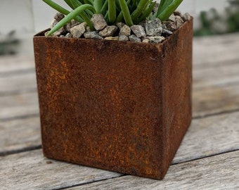 4" Square Corten Cube Planter Pot Organizer