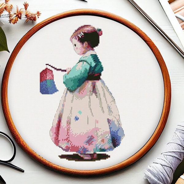 ANP230_girl in hanbok_cross stitch pattern PDF,Cross Stitch chart,Counted Cross Stitch pattern,Instant PDF Download