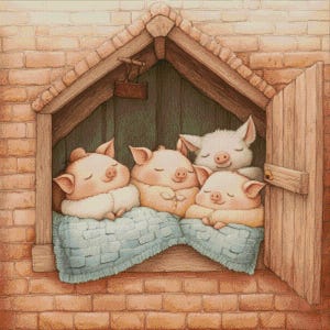 May include: Watercolor illustration of four sleeping pigs nestled together in a cozy window. The pigs are shades of pink and cream, resting on a blue blanket. The window is framed by a brick wall and wooden door.