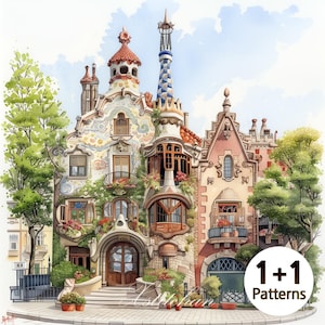 May include: A watercolor painting of a colorful, ornate building with a whimsical design. The building has a tall, pointed tower and a variety of windows and balconies. The building is surrounded by lush greenery and flowers. The painting is titled "1+1 Patterns".