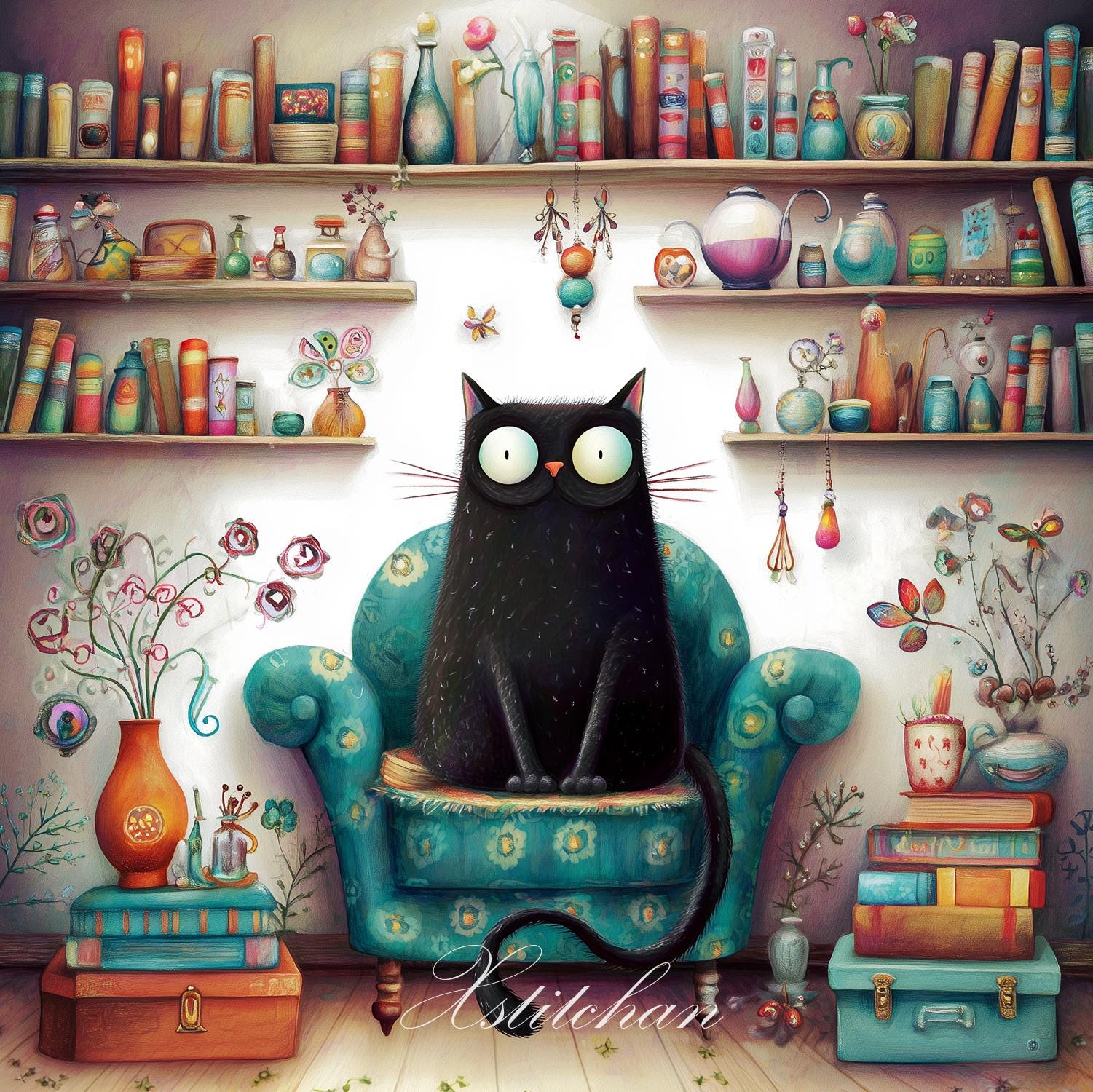 PCP0465 cat in the attic full coverage cross stitch pattern PDF Cross Stitch chart Cross Stitch pattern Instant PDF Download
