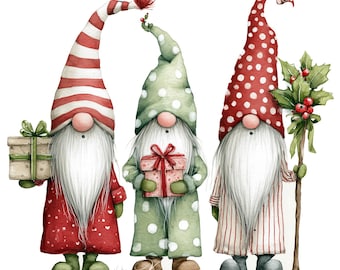 May include: Watercolor illustration of three Christmas gnomes. The gnomes wear red and white striped, green polka-dotted, and red polka-dotted hats. Each gnome has a long white beard and holds a gift or a staff with holly and berries. The gnomes are on a white background.