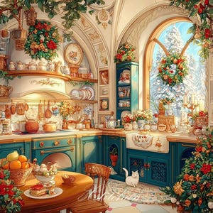 May include: A cozy kitchen scene with teal cabinets, a round wooden table, and a white cat. The room is decorated with wreaths, flowers, and various kitchenware. A large window offers a view of a snowy landscape.