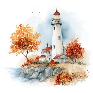 Puede incluir: Pintura a la acuarela de un faro blanco con tejado rojo y luz en la parte superior. El faro está en una costa rocosa con árboles otoñales en tonos naranja y rojo. Aves volando en el cielo sobre el faro.