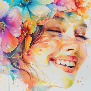 Puede incluir: Pintura a la acuarela de un rostro sonriente con los ojos cerrados, adornado con una corona floral. La obra presenta una paleta vibrante de tonos naranja, rosa, azul y amarillo, con pinceladas y salpicaduras visibles. La firma del artista, "Xstitchan", es visible en la esquina inferior derecha.