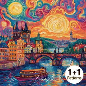 May include: A colorful painting of a cityscape with a bridge over a river. The sky is filled with swirling clouds in shades of pink, blue, and yellow. The city is made up of buildings with red roofs and a large church with two towers. The bridge is made of stone and has arches. The river is blue and there is a boat on the water. The painting is titled "1+1 Patterns".