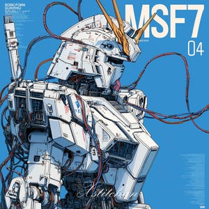 Könnte beinhalten: Detaillierte Illustration eines weißen und goldenen Roboters mit komplexen mechanischen Details, roten und blauen Drähten und dem Text "MSF7 04" auf blauem Hintergrund. Der Roboter hat ein futuristisches Design mit scharfen Winkeln.