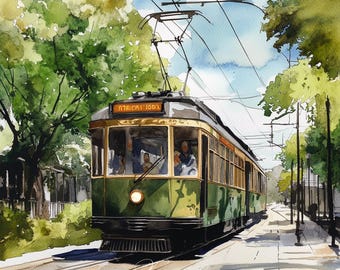 May include: A green and brown vintage-style streetcar with the text "Tramvia 1000" on the front. The streetcar is traveling down a street lined with trees.
