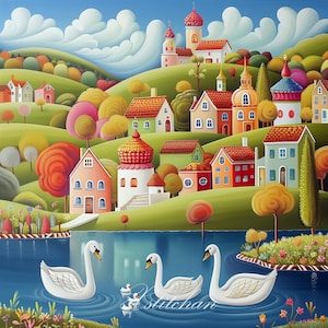 May include: A whimsical painting depicting a village with colourful houses, trees, and a river. Three white swans are swimming in the river, with one swan in the foreground and two swans in the background. The painting has a bright and cheerful colour palette.