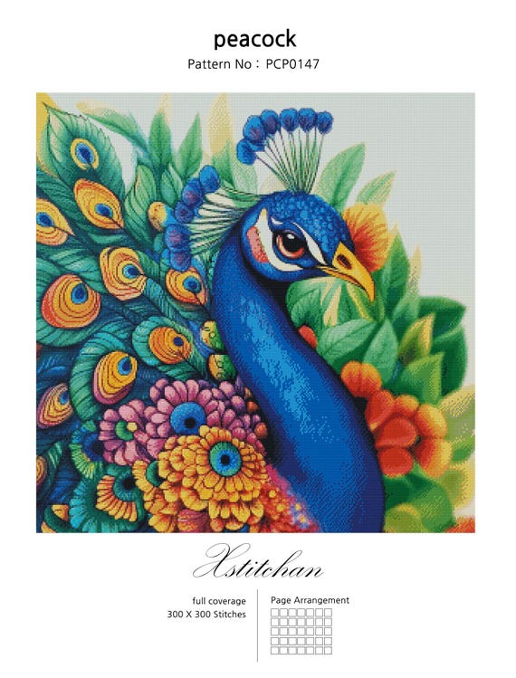 PCP0147 Peacock PDF Full Coverage Cross Stitch Pattern Instant