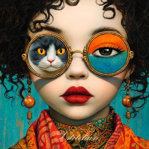 May include: A portrait of a person wearing round gold-rimmed glasses. One lens features a cat's face, the other a colorful eye. The person has red lipstick, curly hair, and dangling earrings. A red and orange scarf is around the neck.