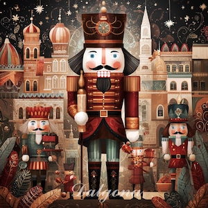 May include: A whimsical illustration featuring several nutcrackers in a festive cityscape. The central nutcracker is tall, with a red and gold uniform, black hair, and a distinguished mustache. Other nutcrackers are in various uniforms. The background includes buildings and a starry night sky.