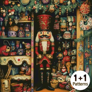 May include: A vintage-style Christmas shop with a nutcracker standing in the doorway. The shop is filled with toys and trinkets, including a wooden rocking horse, a teddy bear, and a variety of ornaments. The shop is decorated with garlands of evergreen and red berries.
