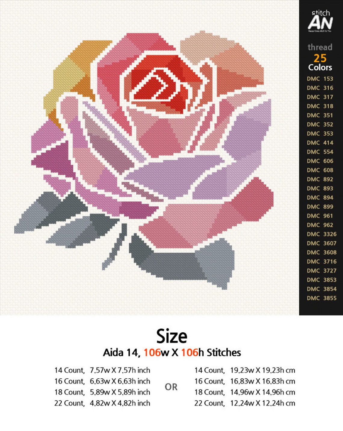 ROSE Cross Stitch Pattern Pdfcross Stitch Chartcounted Cross Etsy