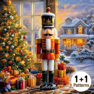 May include: A festive Christmas scene featuring a large nutcracker soldier in a red and gold uniform, standing before a decorated Christmas tree and wrapped gifts. A snow-covered house is visible in the background. The image includes the text "1+1 Patterns".