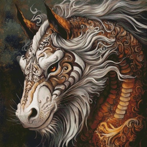 May include: A detailed illustration of a white and brown mythical creature with a long mane and a dragon-like tail. The creature has intricate patterns and a fierce expression.