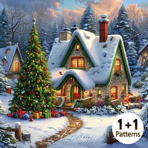 May include: A winter scene depicts a snow-covered cottage with a green-trimmed roof and a lit Christmas tree. Presents are placed near the tree. The image has a stone path leading to the cottage. The text "1+1 Patterns" is visible.