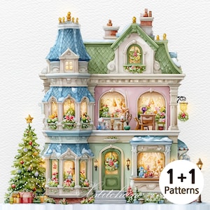 May include: A charming watercolour illustration of a Christmas-themed dollhouse. The house has a blue and green roof, pink walls, and windows filled with festive decorations. A decorated Christmas tree is on the left, and the image includes the text "1+1 Patterns".